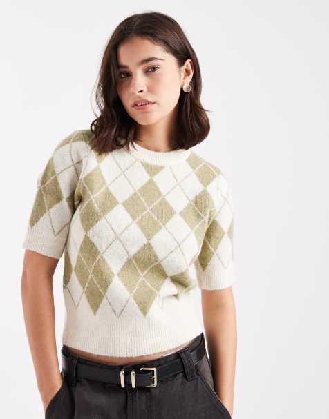 Vero Moda cropped knit short sleeve sweater in green argyle check print - view 1