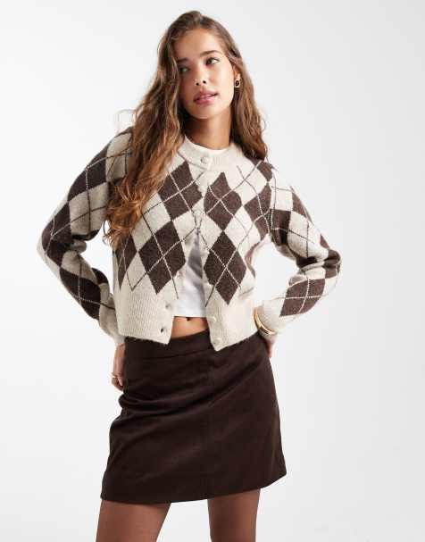 Vero Moda cropped knitted cardigan in chocolate argyle check print - view 1