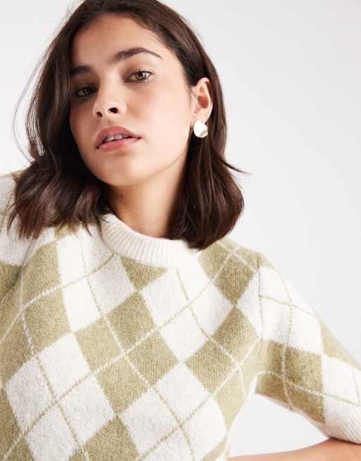 Vero Moda cropped knitted short sleeve jumper in green argyle