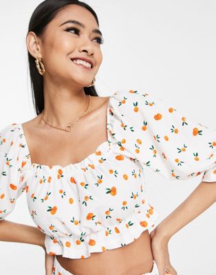 Vero Moda cropped milkmaid blouse co-ord in white peach print
