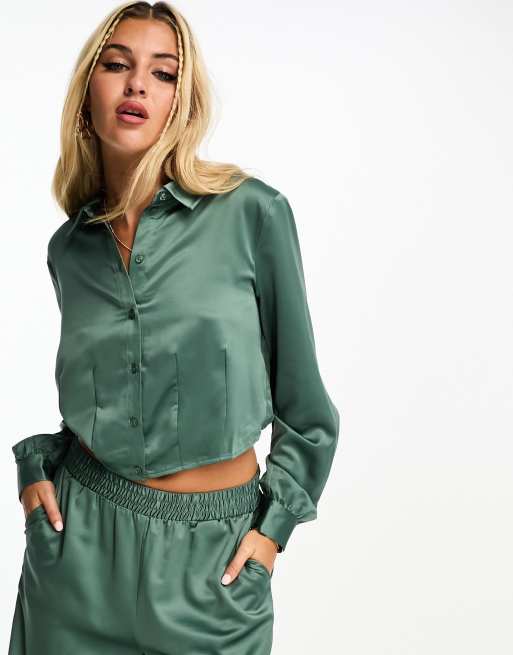 Vero Moda cropped satin shirt co-ord in green