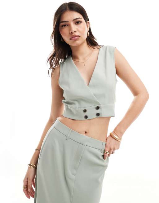 Vero Moda cropped waistcoat in sage (part of a set) 