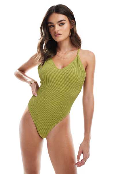 Vero Moda cross back crinkle swimsuit with high leg in green - view 1