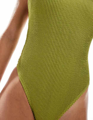 Vero Moda Cross Back Crinkle Swimsuit With High Leg In Green