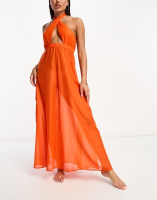 Vero Moda cross over halterneck beach maxi dress in bright orange