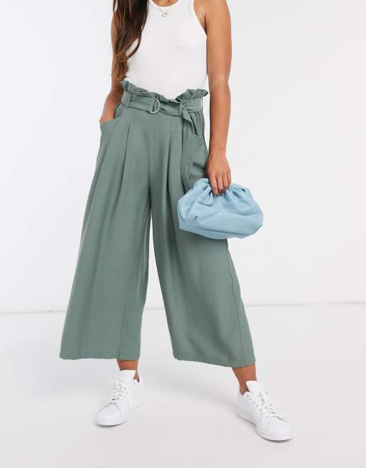 Vero Moda culottes with paper bag waist and belt in sage green