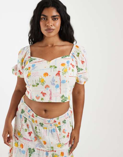 Vero Moda Curve - Aangerimpelde co-ord set met kustprint in crème, 3 van 3