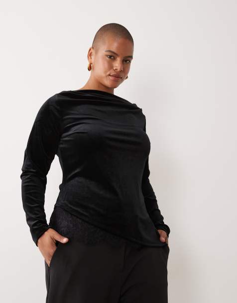 Vero Moda Curve asymmetric velvet longsleeve top with lace detail in black