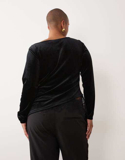 Vero Moda Curve asymmetric velvet longsleeve top with lace detail in black, 4 of 4