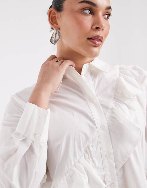 Vero Moda Curve asymmetrische blouse met ruche in wit, 3 van 4