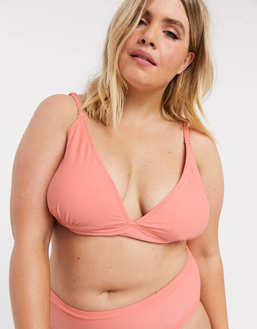 Vero Moda Curve banded plunge bikini top in pink, 3 of 4