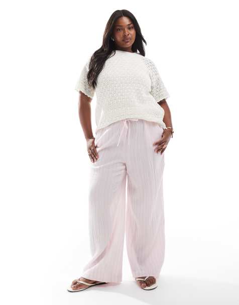 Vero Moda Curve – Baumwoll-Hose in gestreiftem Blassrosa mit weitem Bein - view 1