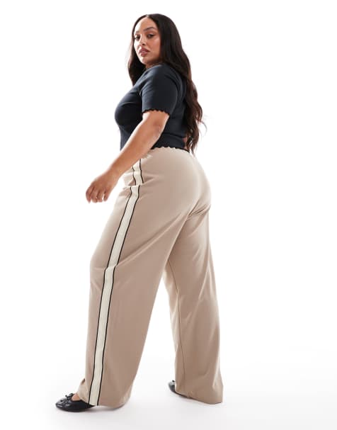Vero Moda Curve – Beige, lediga byxor med resårmidja och sidorand - view 1