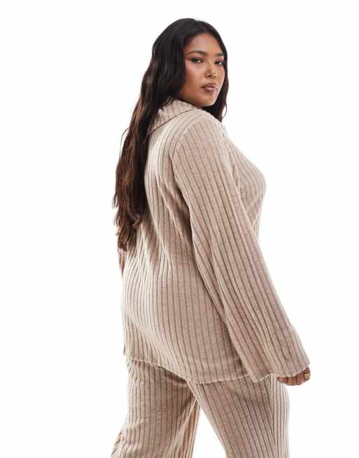 Vero Moda Curve - Beige top med foldet kant i ribstrikket jersey - Del af sæt, 4 af 4