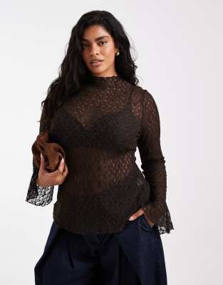 Vero Moda Curve Bell Sleeve Lace Top In Brown