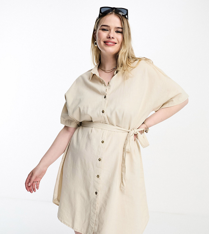 Vero Moda Curve belted linen t-shirt mini dress in stone-Neutral