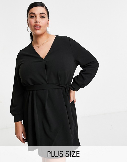 Vero Moda Curve belted mini dress with v neck in black