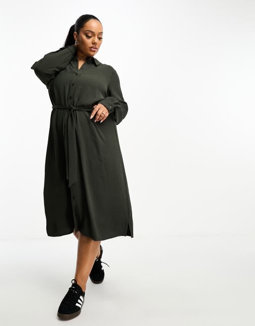 Vero Moda Curve belted shirt maxi in khaki | ASOS