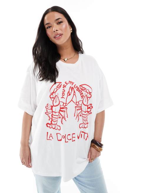 Vero Moda Curve – Biały T-shirt oversize o fasonie boyfriend z grafiką z homarami