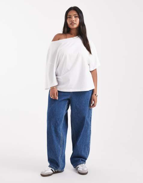 Vero Moda Curve - Billie - Mellemblå og forvaskede samt højtaljede jeans med barrel-ben - view 1