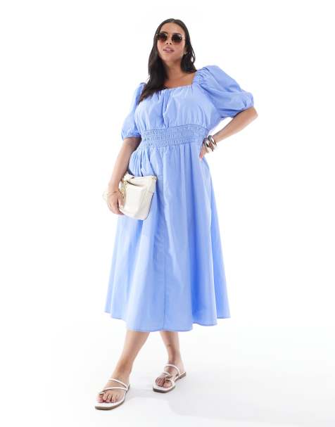 Vero Moda Curve - Blå milkmaid-midikjole med pufærmer - view 1