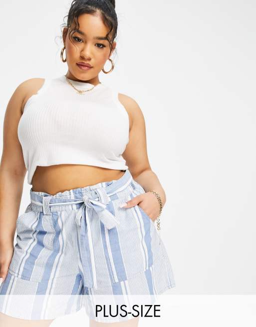 Vero Moda Curve – Blårandiga shorts i bomullsmix med knytning i midjan – MBLUE