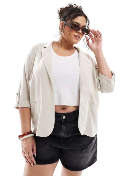Vero Moda Curve - Blazer van linnenmix in stone - view 1