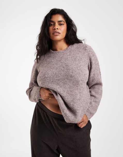 Vero Moda Curve blød, fluffy striktrøje med rund hals i fossil melange - view 1