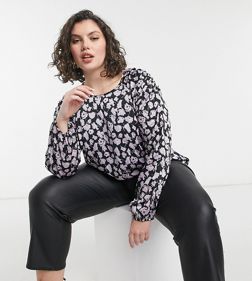 Vero Moda Curve Blouse With Shoulder Detail In Black And Lilac Floral-multi