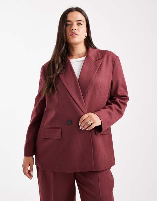 Vero Moda Curve - Bordeaux skræddersyet blazer med sildebensmønster - Del af sæt