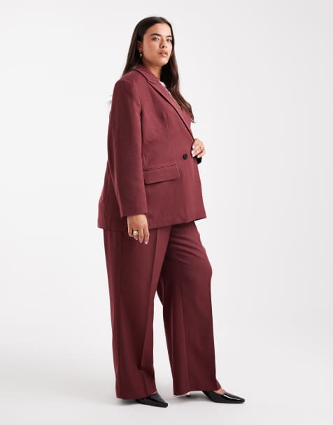 Vero Moda Curve - Bordeaux sæt med skræddersyet blazer og bukser med vide ben og sildebensmønster - view 1