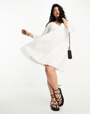 Vero Moda Curve broderie mini dress with flutter sleeve detail in white