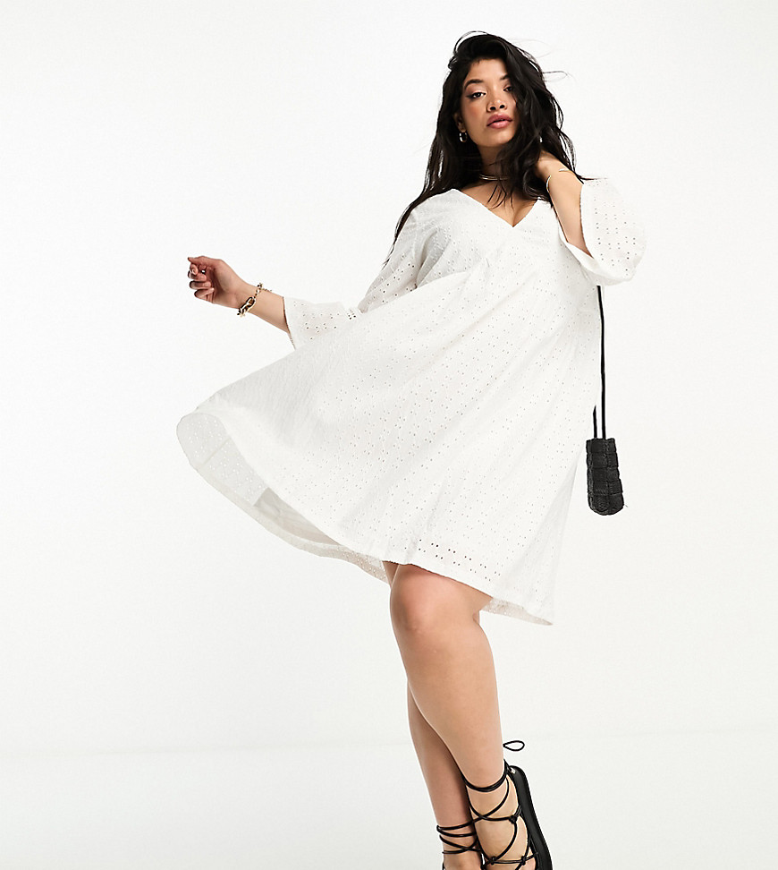 Vero Moda Curve broderie mini dress with flutter sleeve detail in white