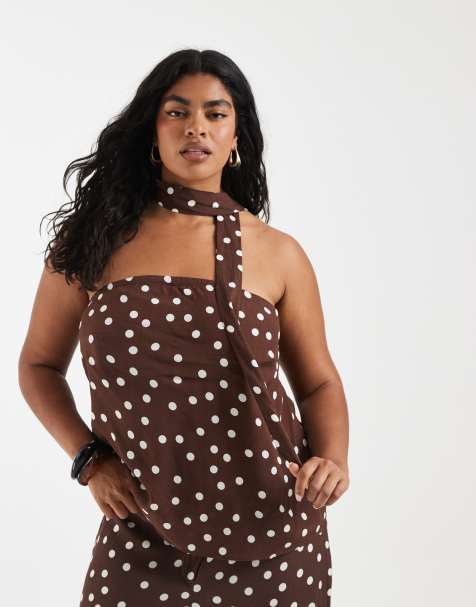 Vero Moda Curve – Brun och vitprickig, vävd bandeau-topp med scarfdetalj, del av set - view 1