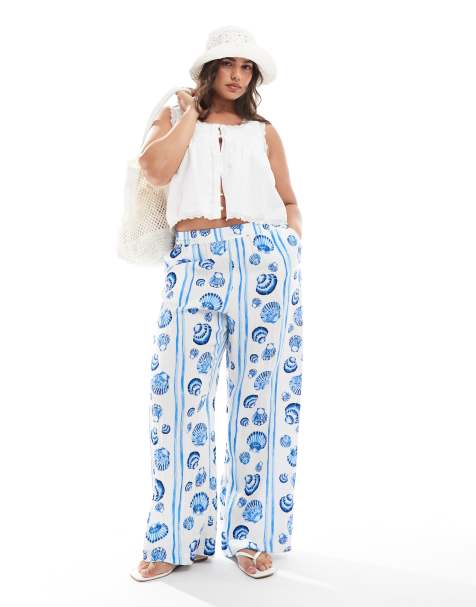 Vero Moda Curve - Bukser med brede ben og blåt muslingeprint - view 1