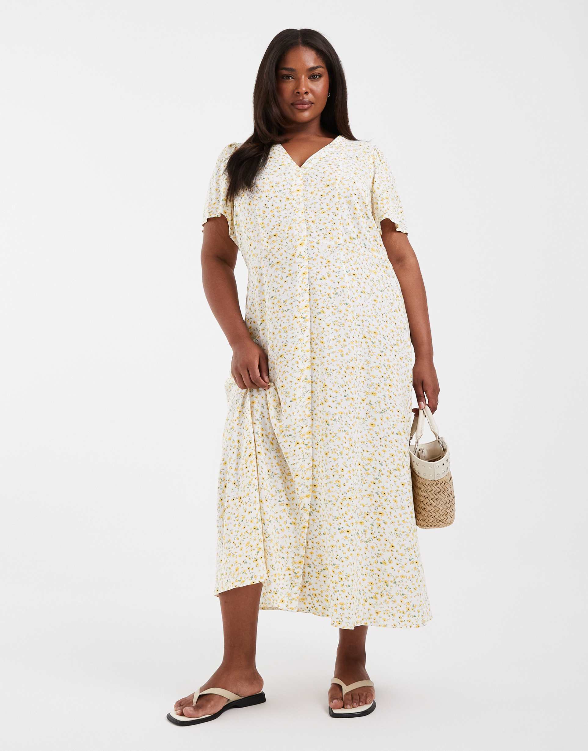 vero moda curve button down maxi dress in white and yellow ditsy floral print