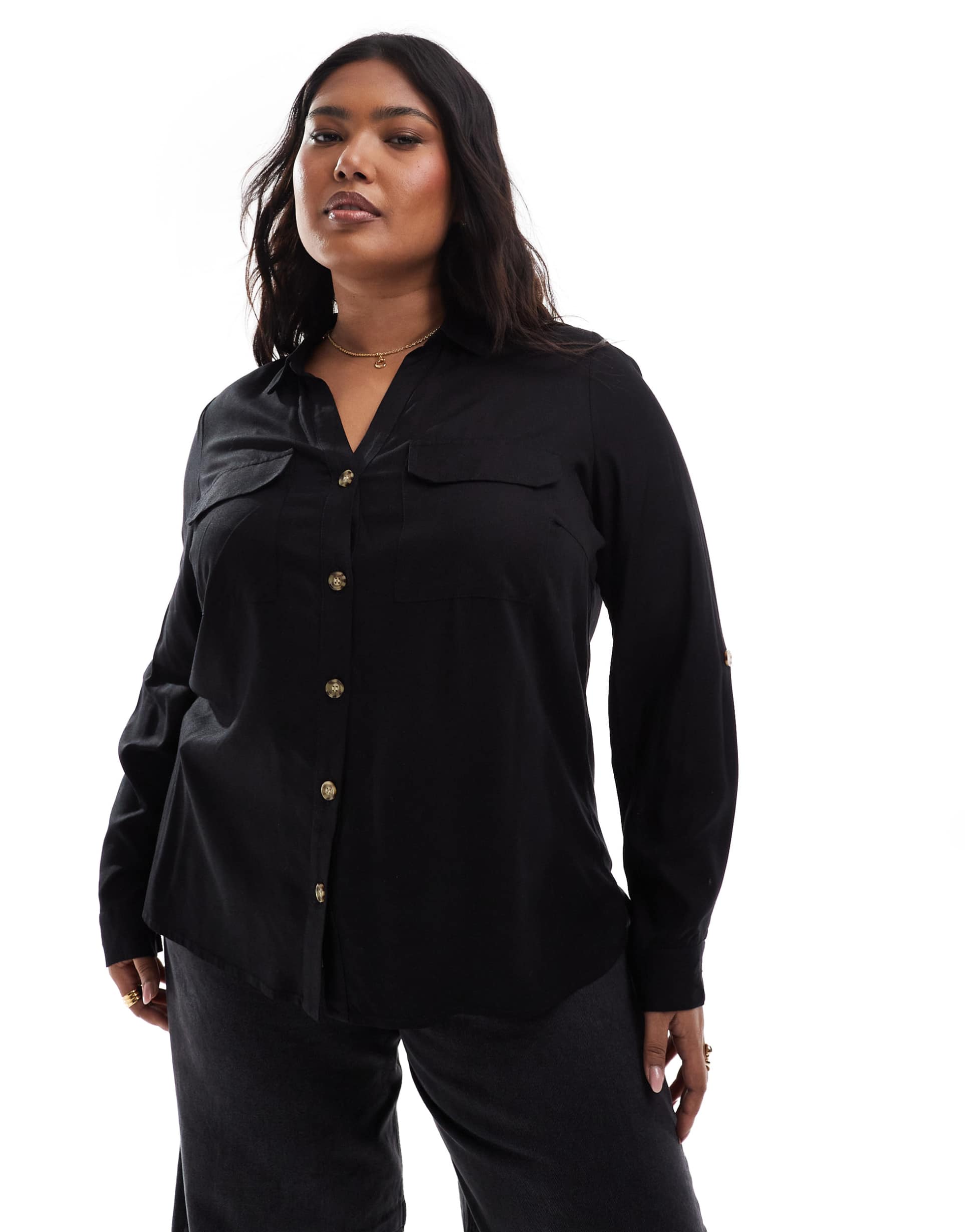 vero moda curve button down shirt with pocket detail in black
