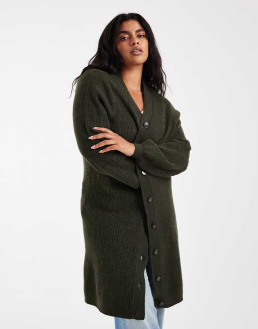 Vero Moda Curve button front balloon sleeve knitted mini dress in dark green melange, 2 of 4