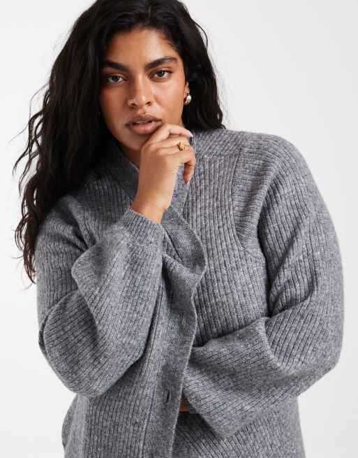 Vero Moda Curve button-front balloon sleeve knitted mini dress in medium grey melange, 3 of 4