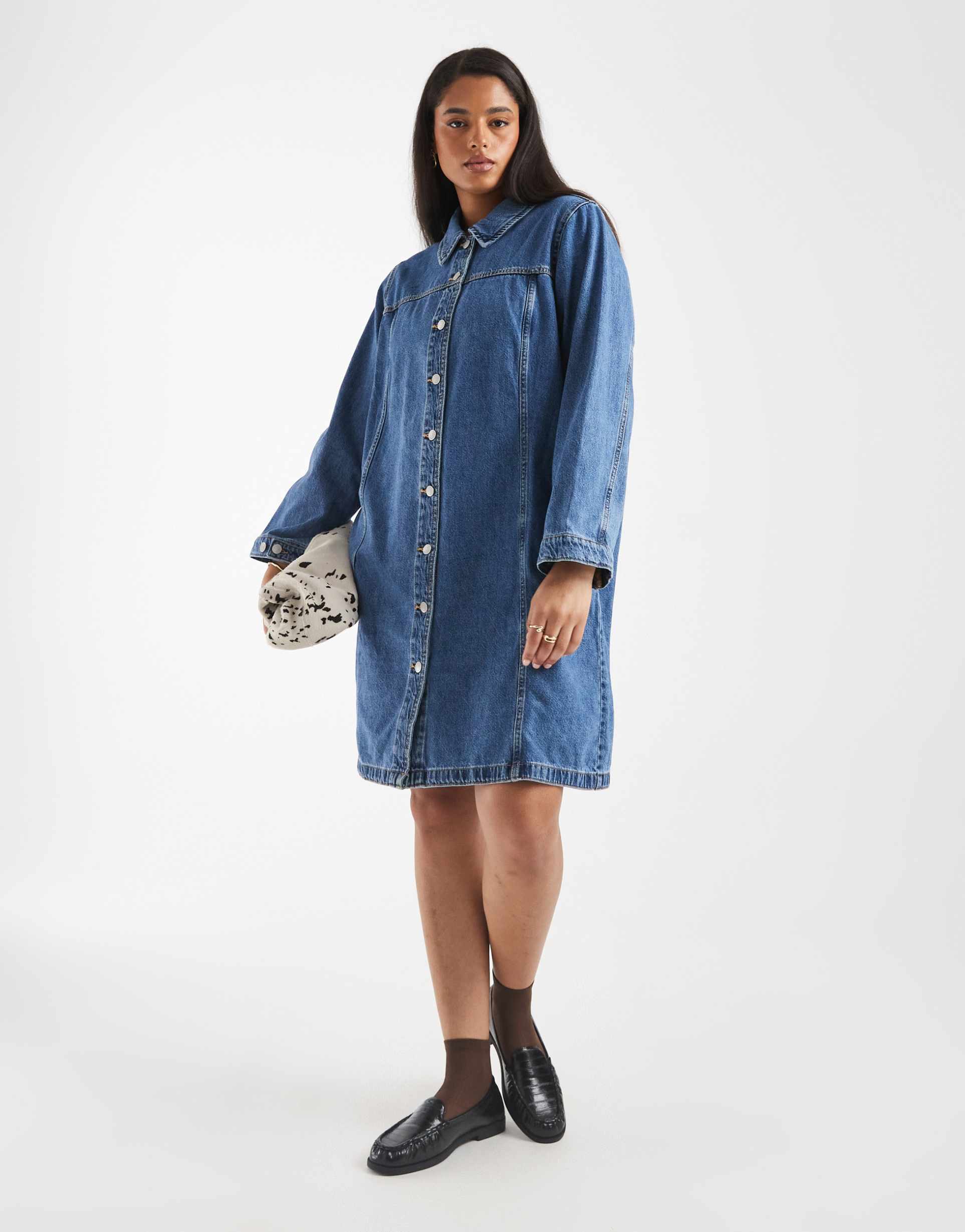 vero moda curve button front denim mini dress in medium blue wash