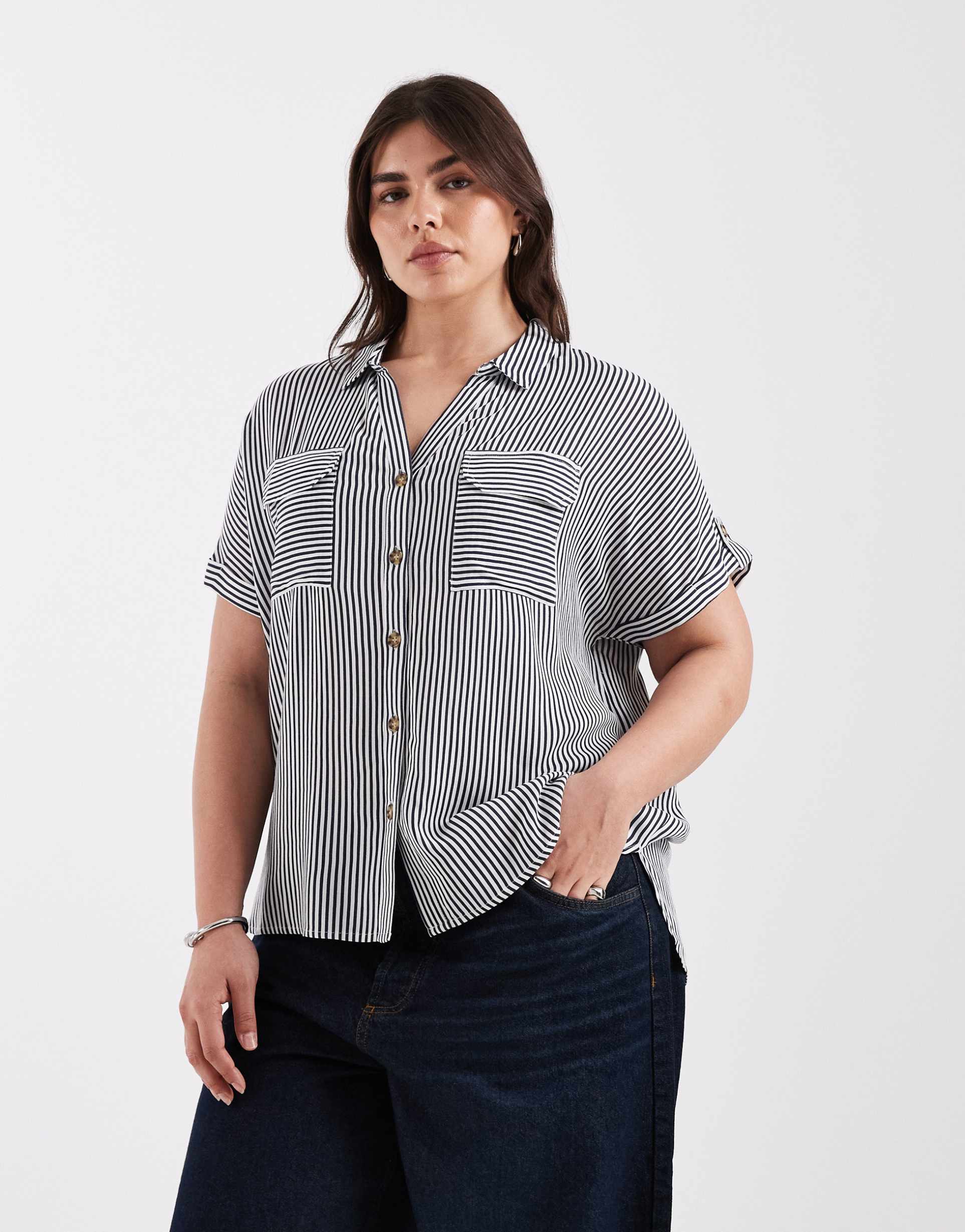 vero moda curve button front short sleeve shirt with pocket detail in navy and white stripe