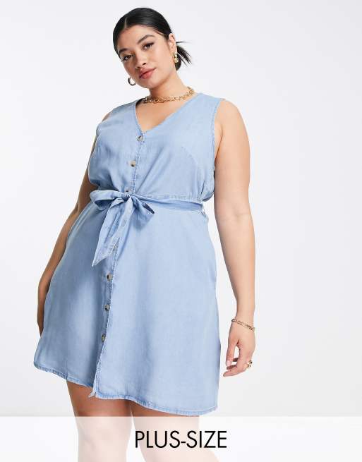 Vero Moda Curve button through denim mini dress with tie waist in light blue