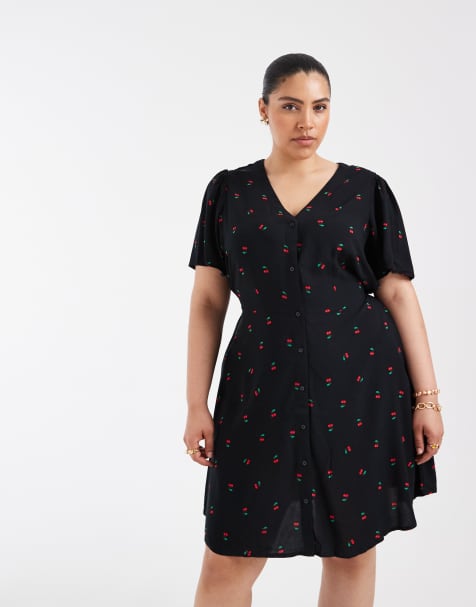 Vero Moda Curve button through mini skater dress with cherry print in black - view 1