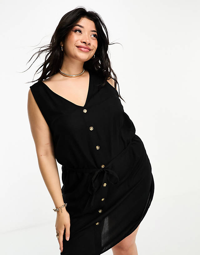 Vero Moda Curve - button through sleeveless mini dress in black