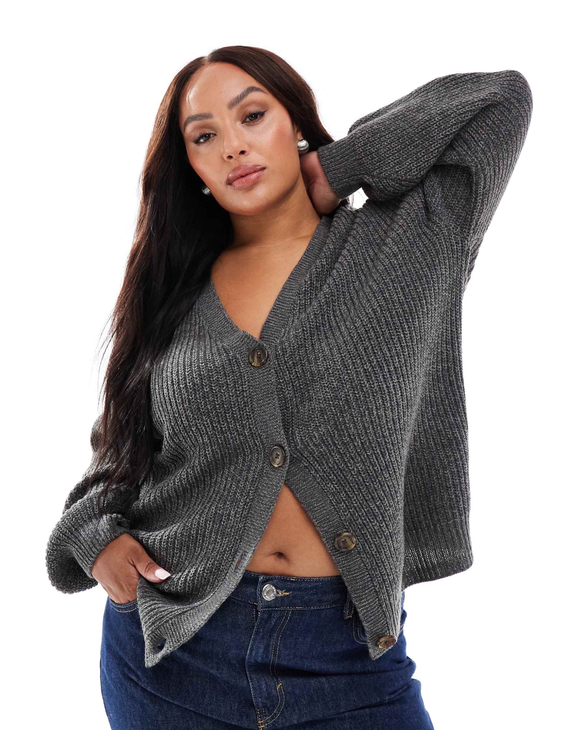 vero moda curve button up chunky rib knit cardigan in asphalt gray