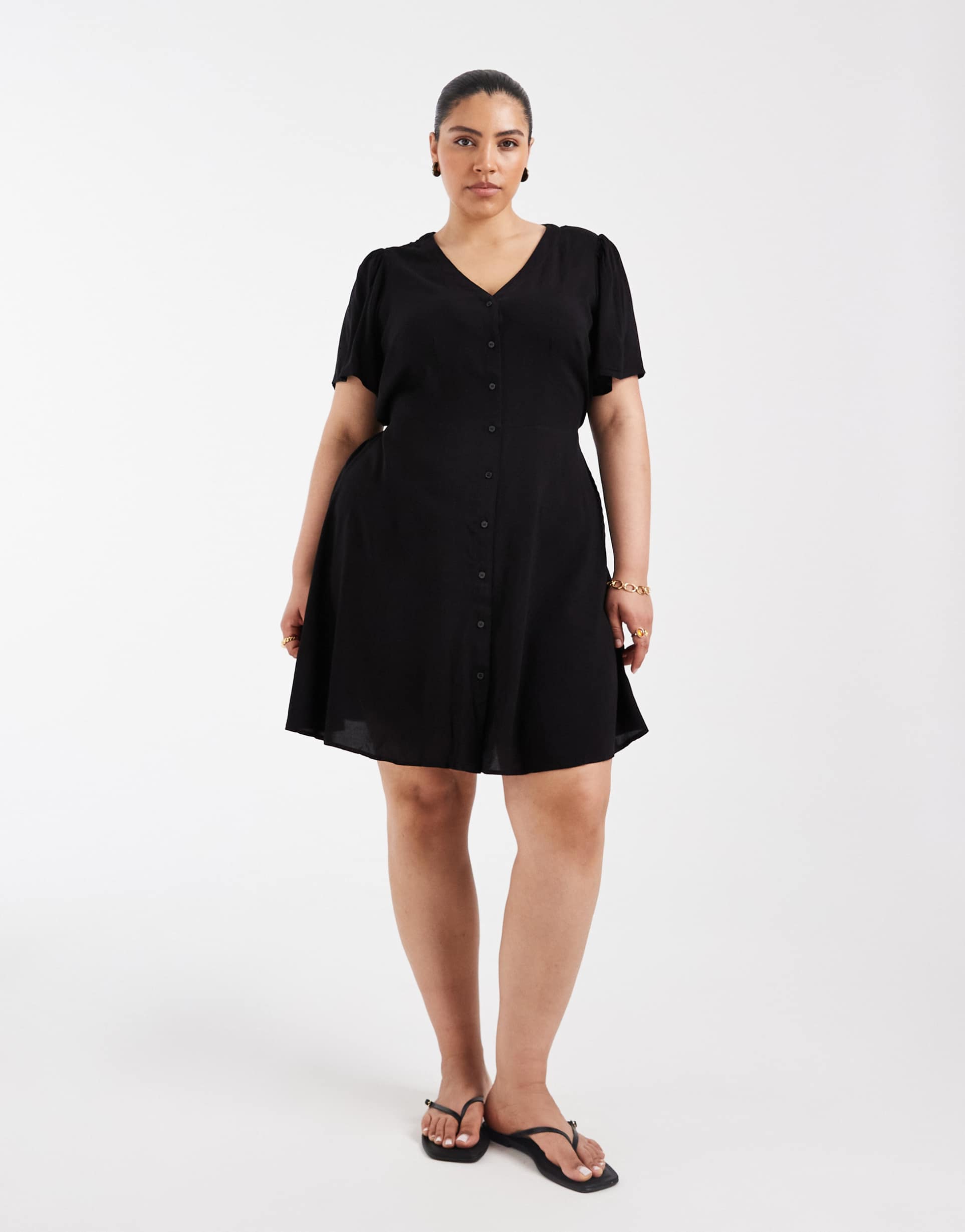 vero moda curve button up mini skater dress in black