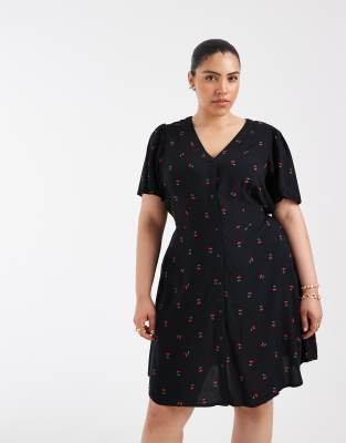 Vero Moda Curve button up mini skater dress with cherry print in black black cherries 9890₽