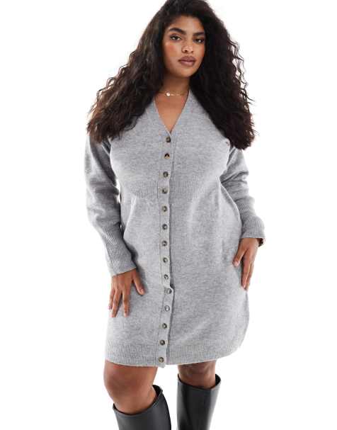 Vero Moda Curve buttondown knitted mini dress in light grey melange - view 1