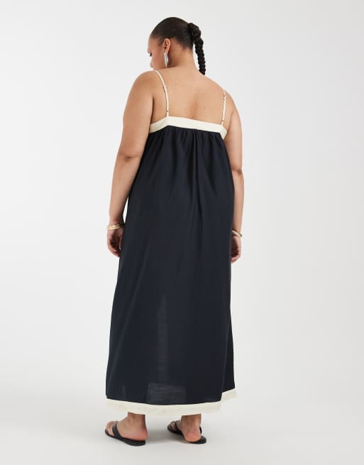 Vero Moda Curve - Cami maxi-jurk met contrasterende bies in crème en zwart, 2 van 4