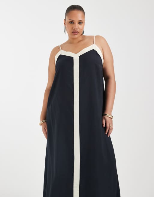 Vero Moda Curve - Cami maxi-jurk met contrasterende bies in crème en zwart, 4 van 4